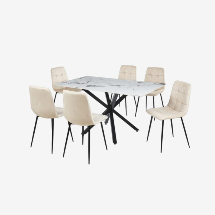 Emberis Metallic Dining Table Set For 6 With Fabric Upholstered Chairs - Beige/ Black