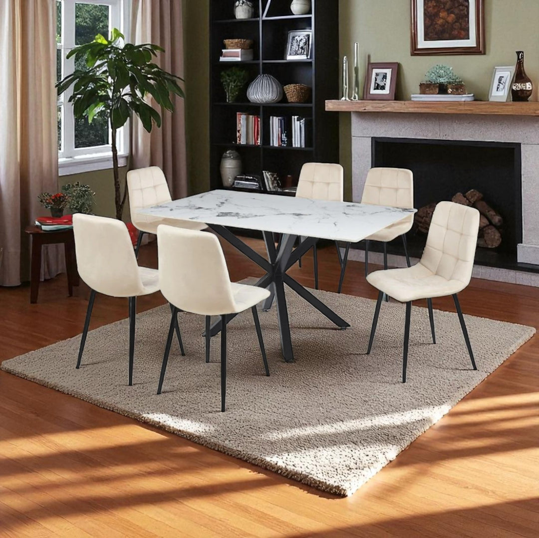 Emberis Metallic Dining Table Set For 6 With Fabric Upholstered Chairs - Beige/ Black