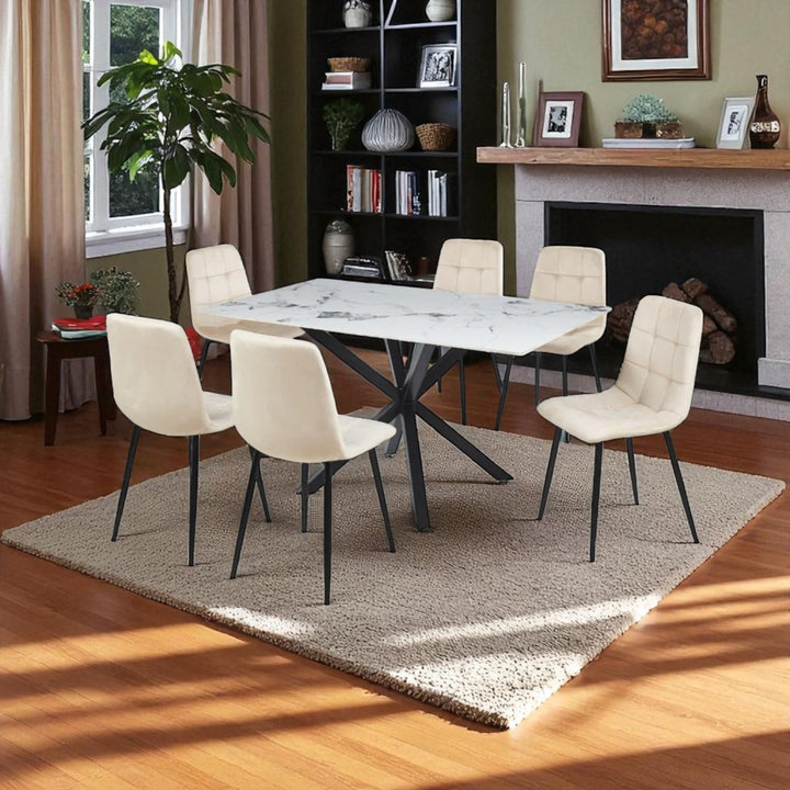 Emberis Metallic Dining Table Set For 6 With Fabric Upholstered Chairs - Beige/ Black