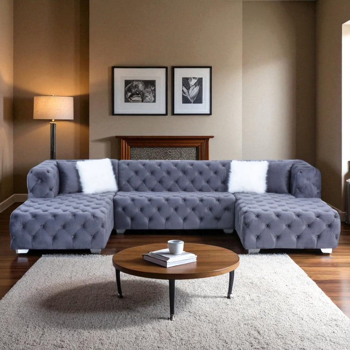 Tulip 5-Seater Fabric Upholstered Sectional Sofa With Dual Corner Chaise - Grey
