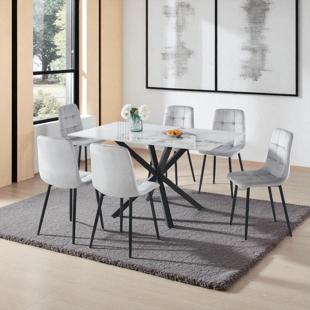 Emberis Metallic Dining Table Set For 6 With Fabric Upholstered Chairs - Grey/ Black