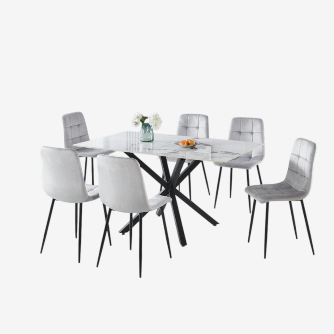 Emberis Metallic Dining Table Set For 6 With Fabric Upholstered Chairs - Grey/ Black