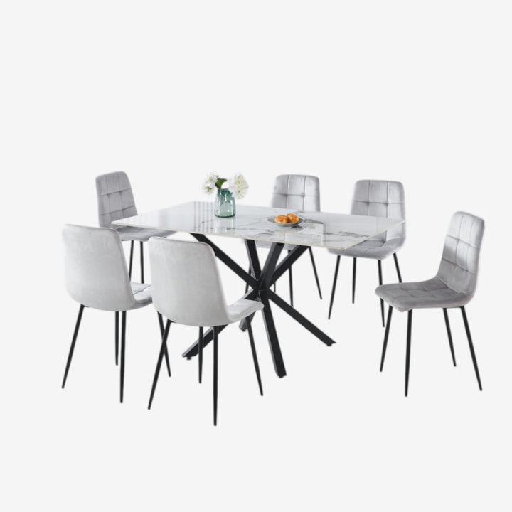 Emberis Metallic Dining Table Set For 6 With Fabric Upholstered Chairs - Grey/ Black