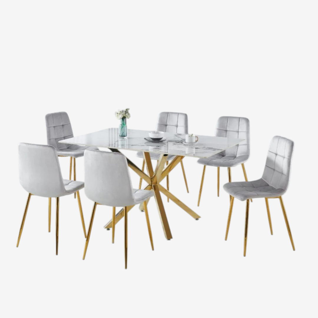 Emberis Metallic Dining Table Set For 6 With Fabric Upholstered Chairs - Grey/ Gold