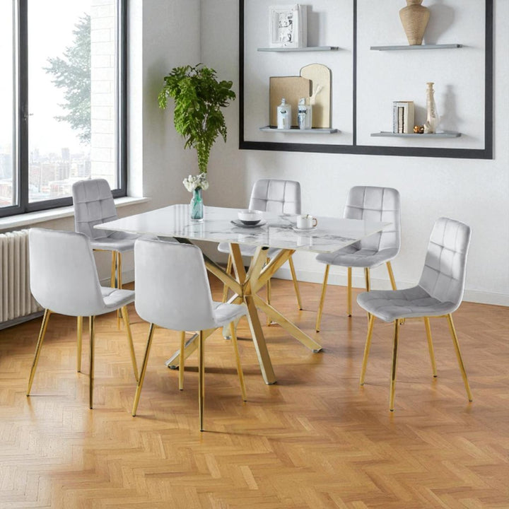 Emberis Metallic Dining Table Set For 6 With Fabric Upholstered Chairs - Grey/ Gold