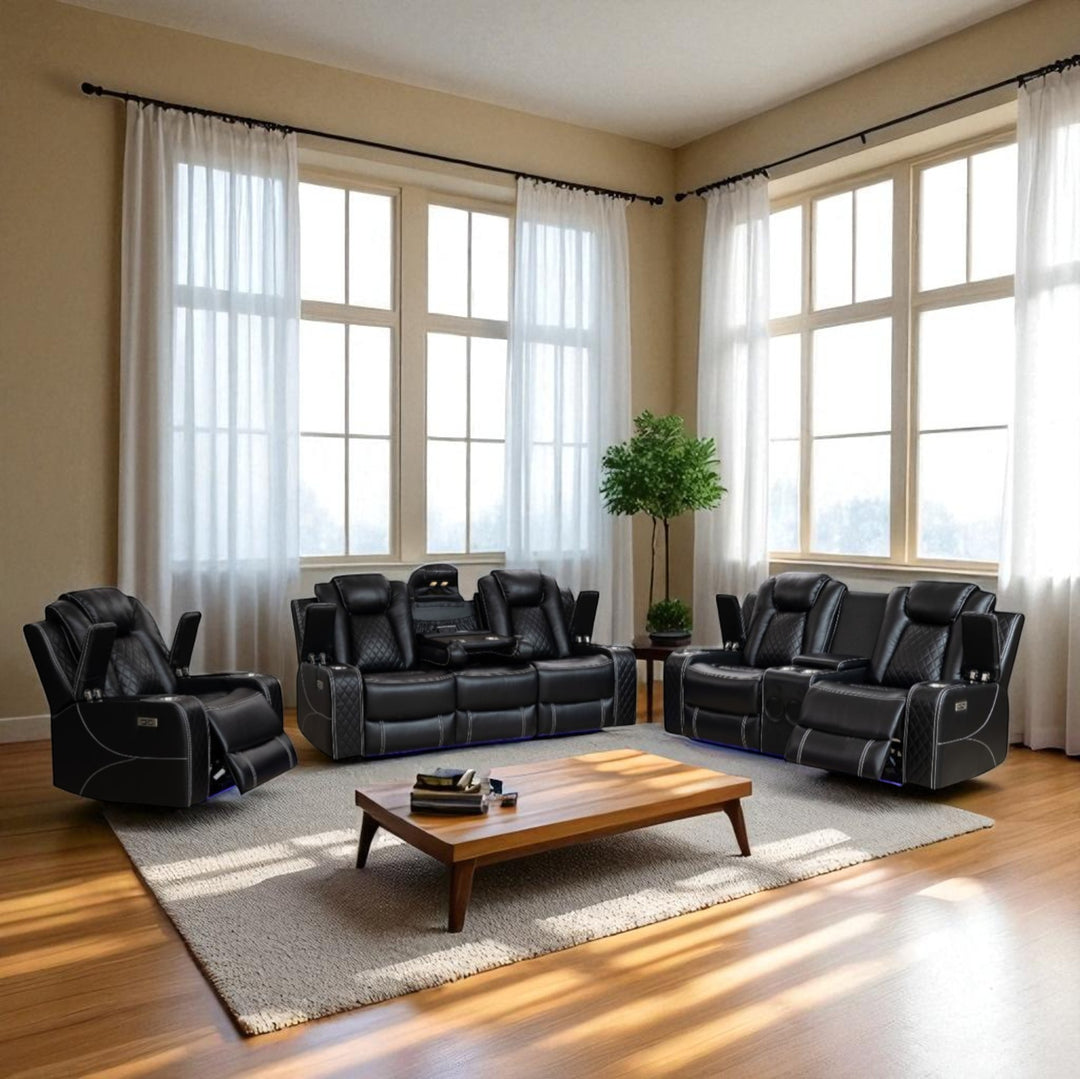 Halley 3-Piece Power Recliner Set In Air Leather Upholstery - Black