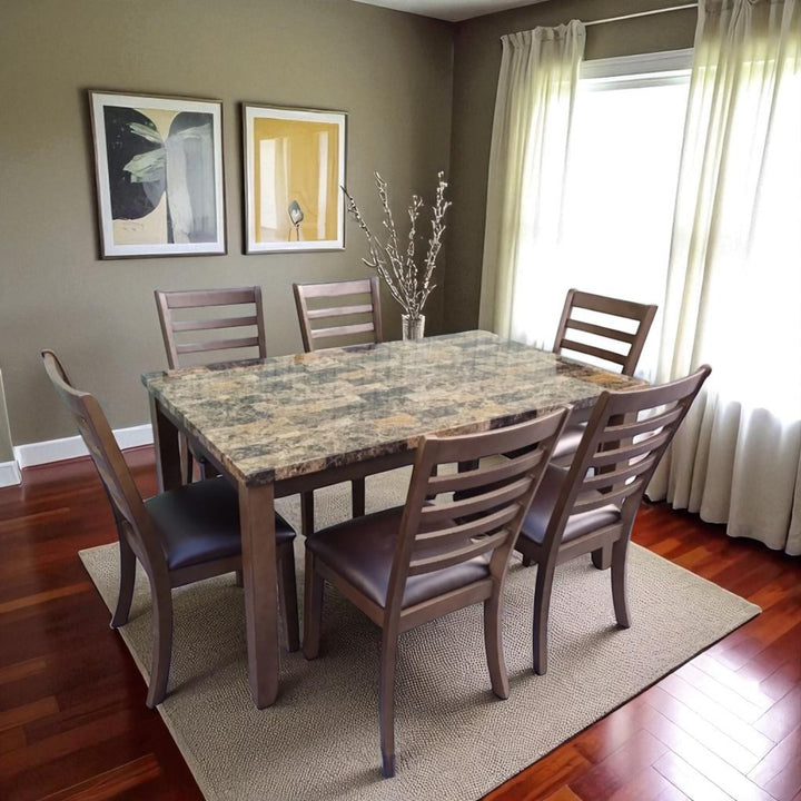 Sadie Wooden Dining Table Set For 6 With Leather Upholstered Chairs - Dark Brown