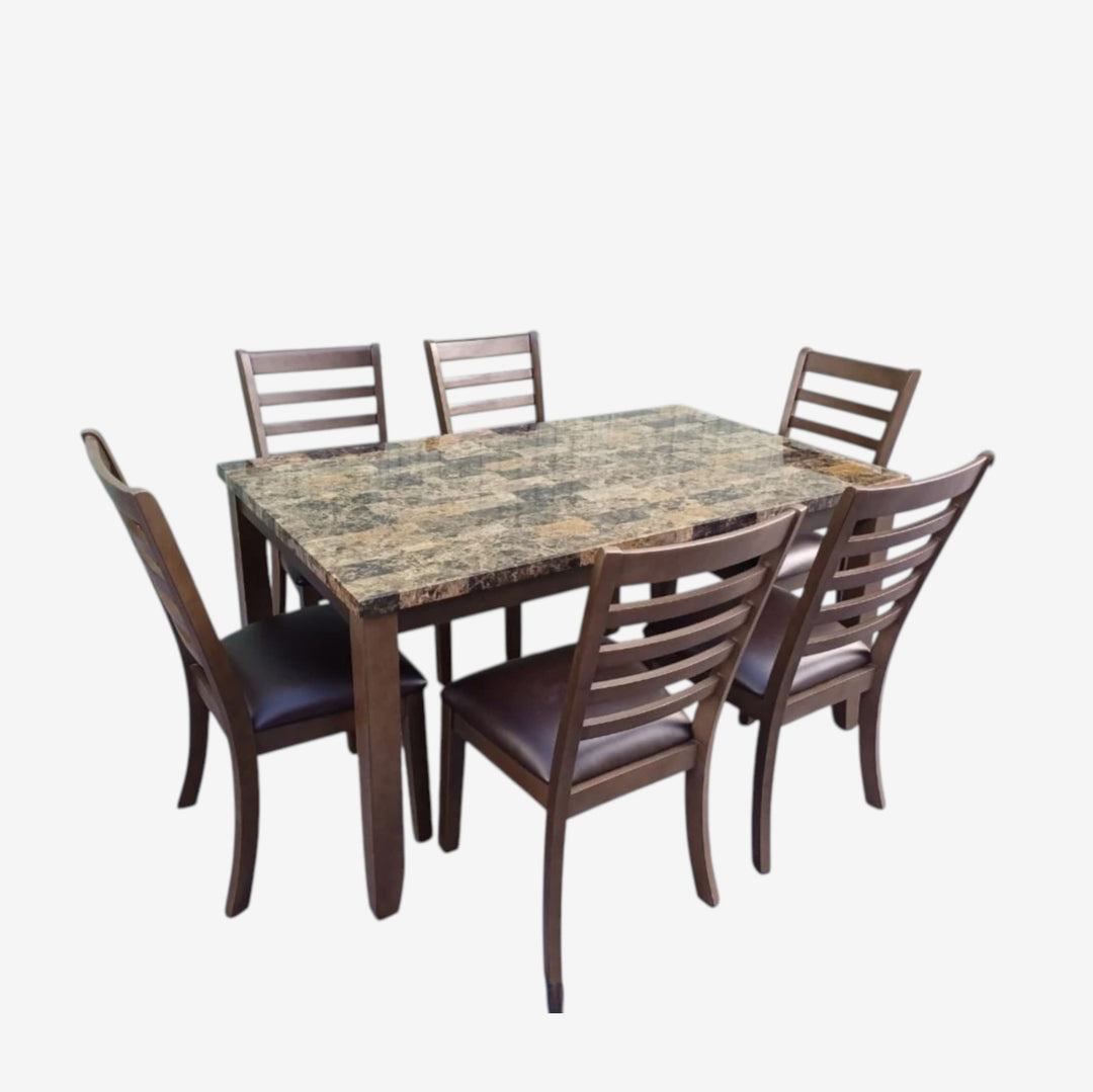 Sadie Wooden Dining Table Set For 6 With Leather Upholstered Chairs - Dark Brown