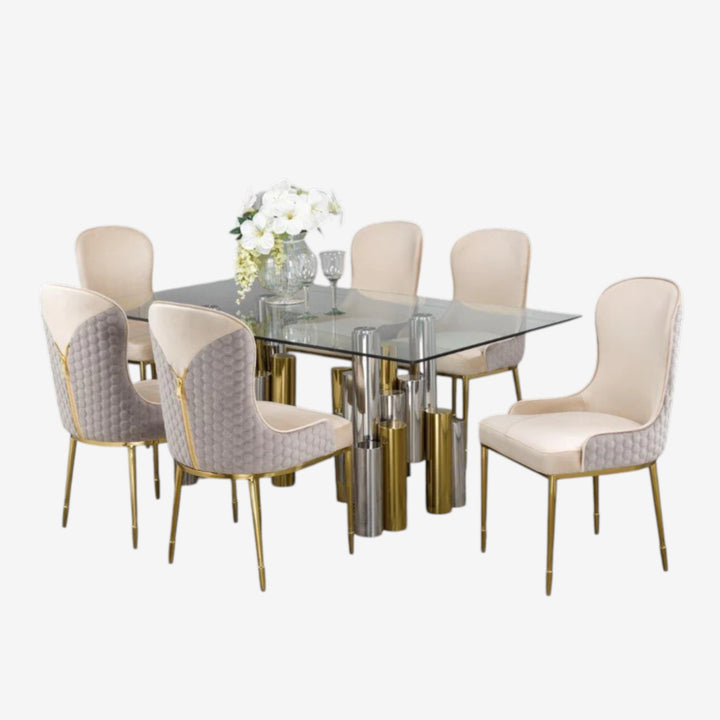 Natalie Metallic Dining Table Set For 6 With Fabric Upholstered Chairs - Gold/ Silver/ Beige