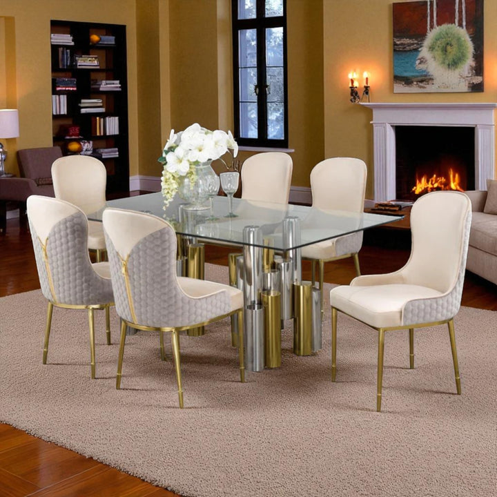Natalie Metallic Dining Table Set For 6 With Fabric Upholstered Chairs - Gold/ Silver/ Beige