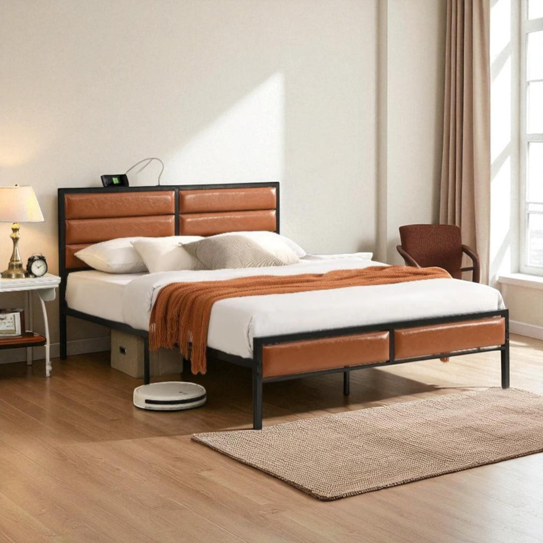River Metallic Platform Bed Frame With USB Charging Ports - Tan/ Black