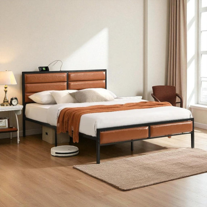 River Metallic Platform Bed Frame With USB Charging Ports - Tan/ Black