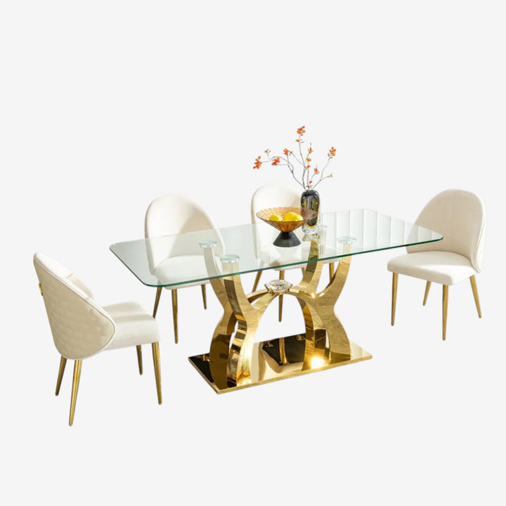 Trinity Metallic Dining Table Set For 6 With Fabric/ Leather Upholstered Chairs - Beige/ Gold