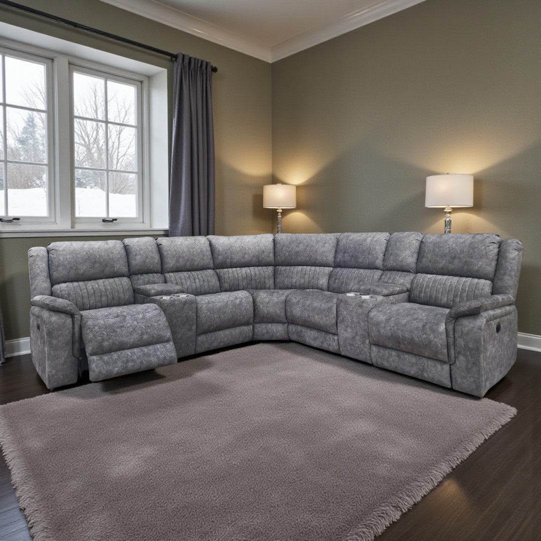 Nimbus 5-Seater Power Recliner Sectional In Fabric Upholstery - Grey | Wireless Charger, Cup Holders & Storage Console