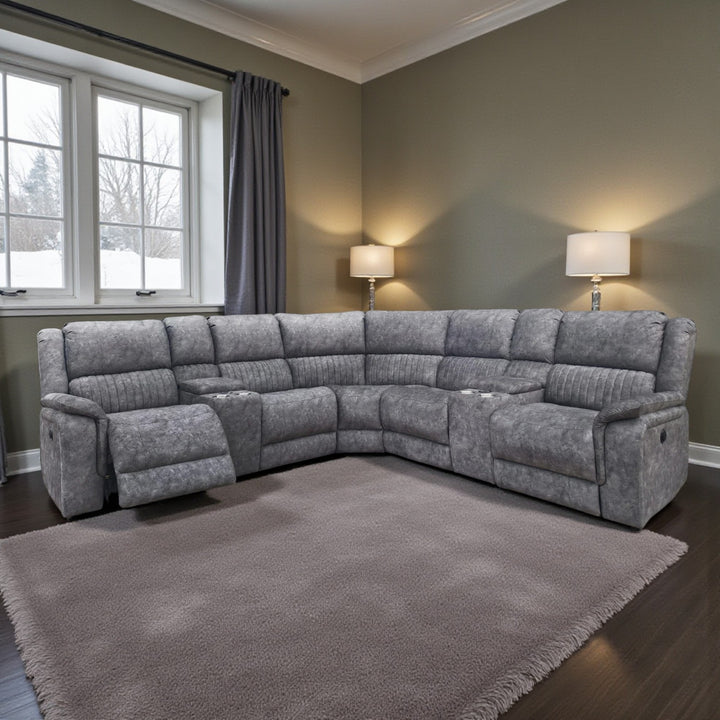 Nimbus 5-Seater Power Recliner Sectional In Fabric Upholstery - Grey | Wireless Charger, Cup Holders & Storage Console