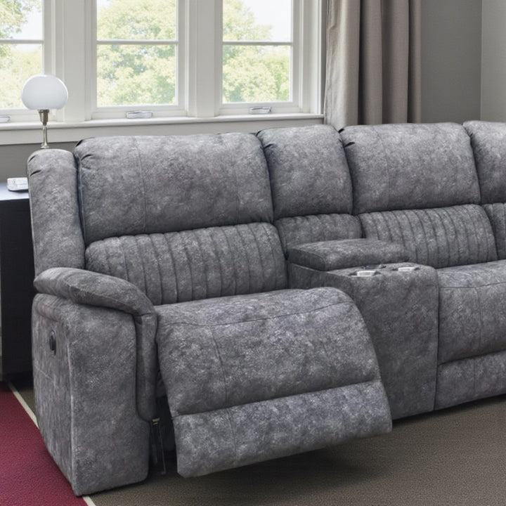 Nimbus 5-Seater Power Recliner Sectional In Fabric Upholstery - Grey | Wireless Charger, Cup Holders & Storage Console