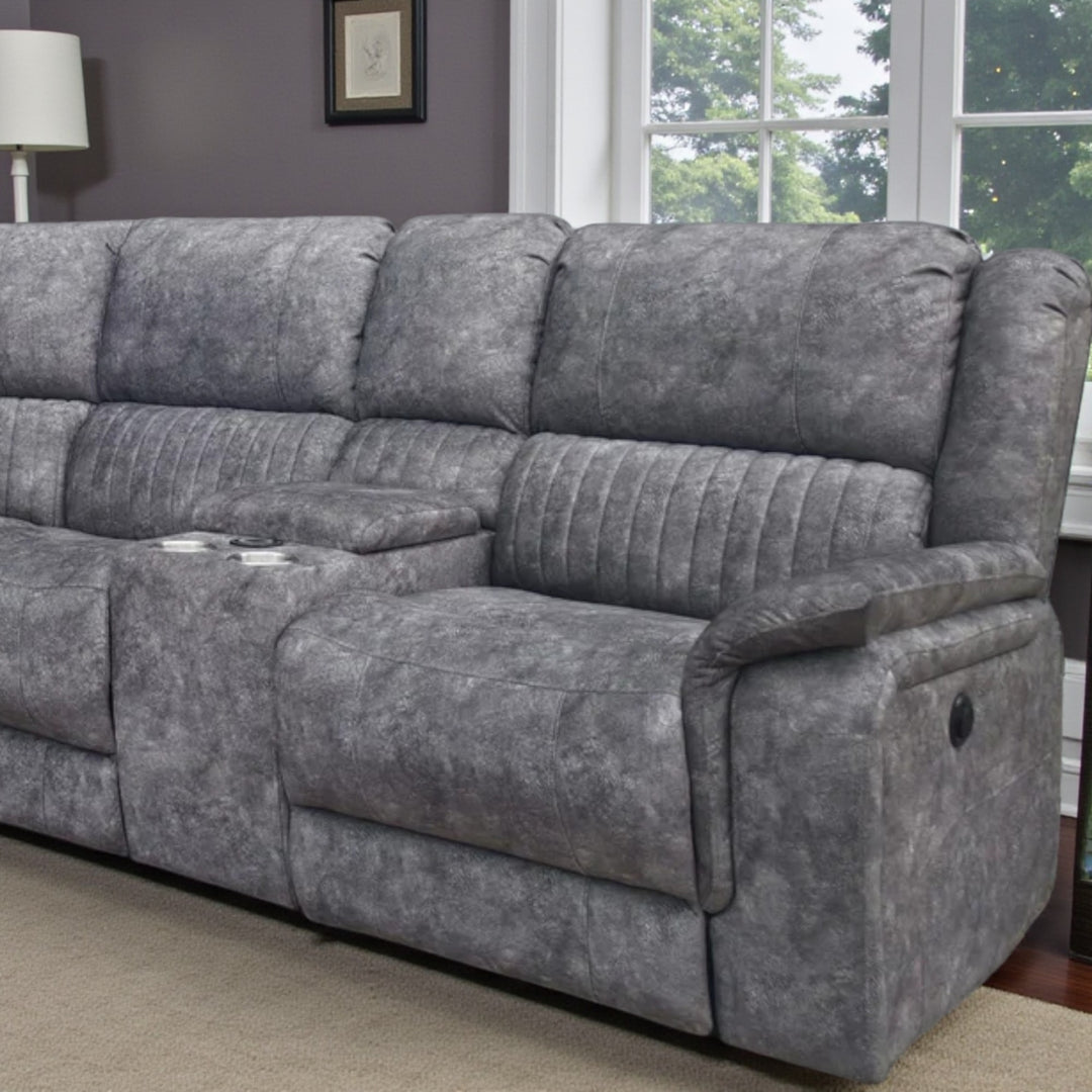 Nimbus 5-Seater Power Recliner Sectional In Fabric Upholstery - Grey | Wireless Charger, Cup Holders & Storage Console