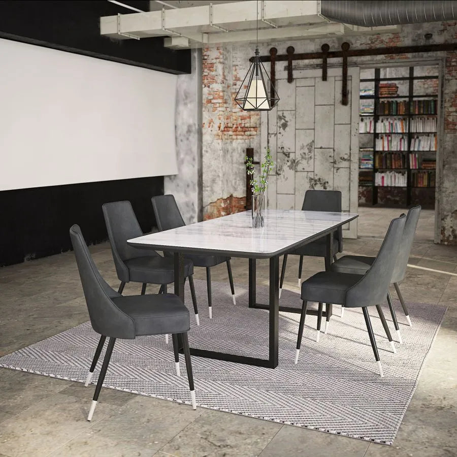 Sophisticated Modern Living 7-Piece Dining Set: Contemporary Extension Table with Marbled-Look Glass Top and Vintage Faux Leather Chairs