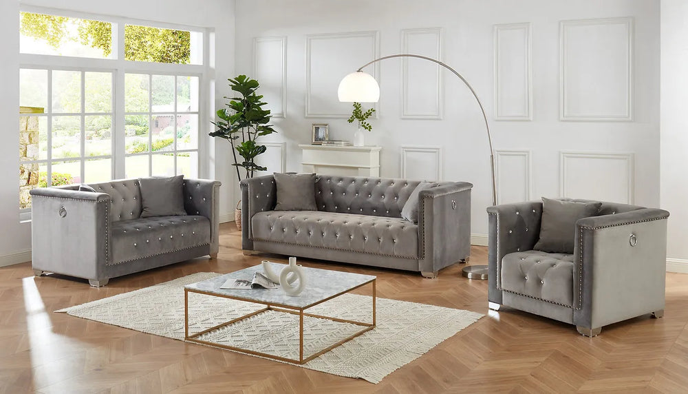 3 Pc Velvet Sofa, Love Seat & Chairs Set with Crystal Tufting and Chrome Legs
