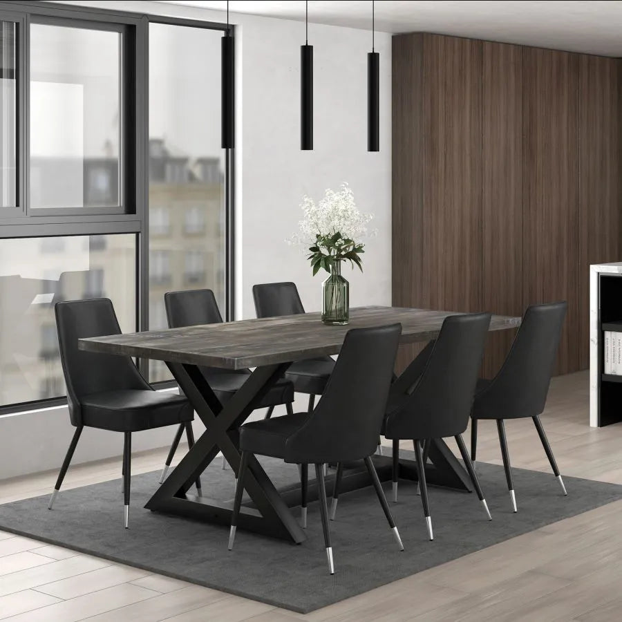 7pc Dining Set in Black with Grey Chairs: Rustic Modern Elegance for Your Dining Space