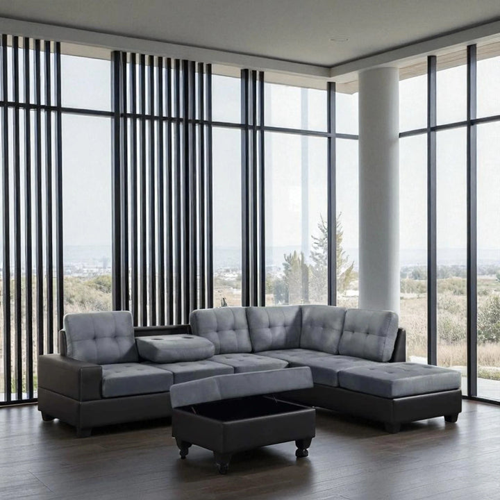 Marcel Fabric/ Leather Upholstered Sectional Sofa With Reversible Chaise - Grey/ Black