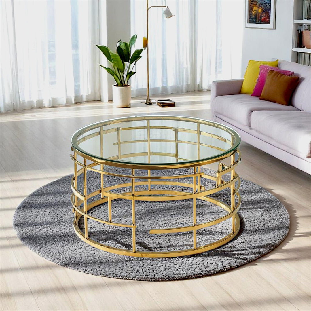Manila Tempered Glass Coffee Table With Stainless Steel Base In Gold Finish