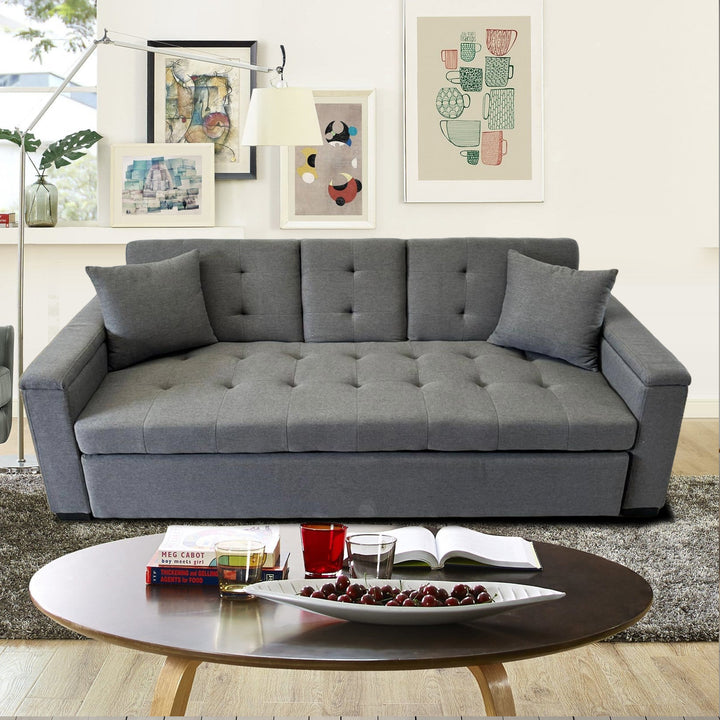 Drizzle Light Grey Linen Fabric Convertible Sleeper Sofa Bed with Side Arm Rest Storage & Cup Holders