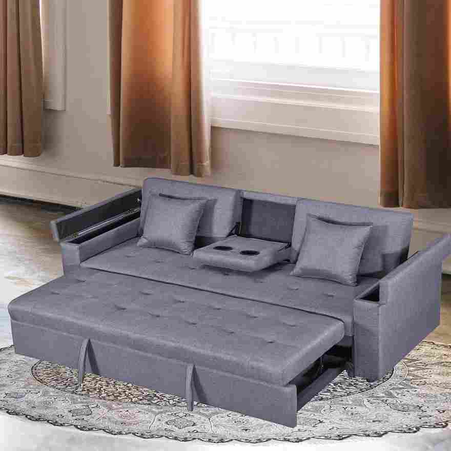 Bowery Hill Light Grey Linen Fabric Convertible Sleeper Sofa with Side Pocket