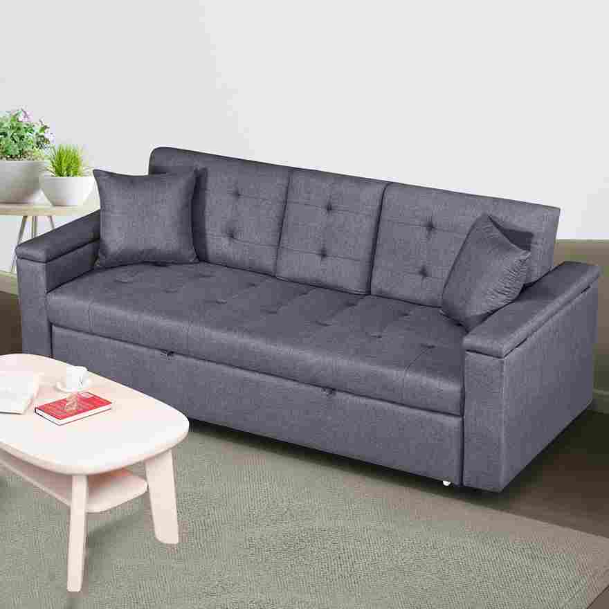 Bowery Hill Light Grey Linen Fabric Convertible Sleeper Sofa with Side Pocket