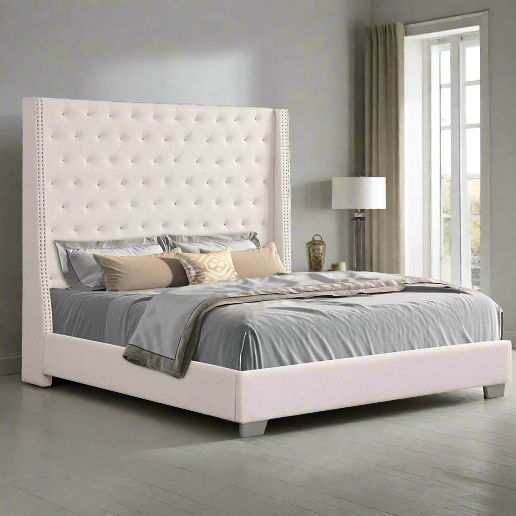 Barcelona Platform Bed Frame In Boucle Fabric Upholstery | Available In Beige & Grey Colors