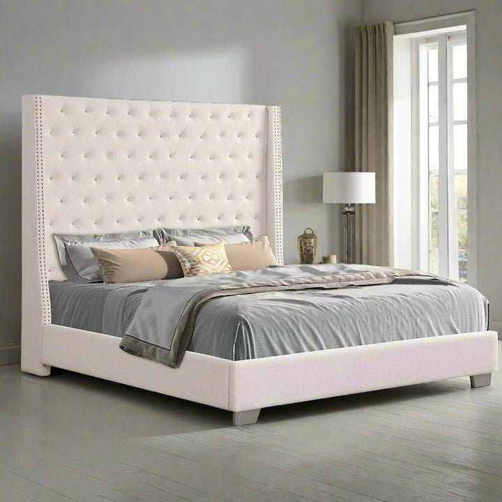 Barcelona Platform Bed Frame In Boucle Fabric Upholstery | Available In Beige & Grey Colors