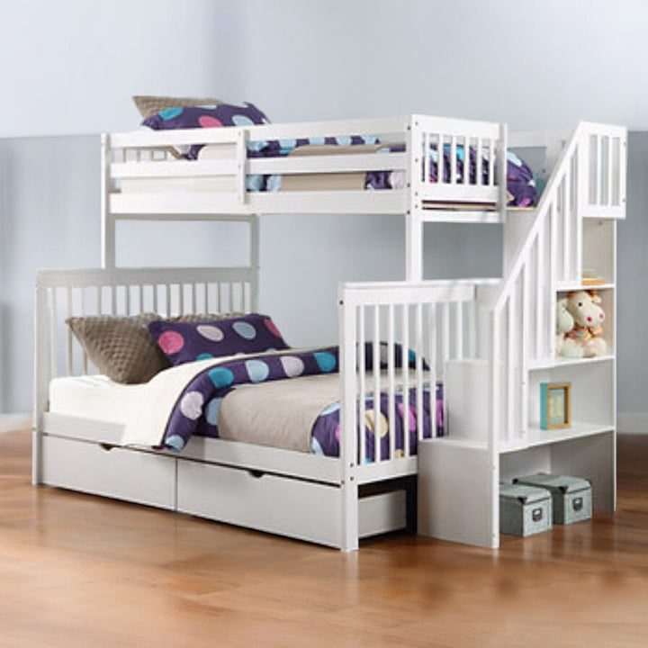 Melody Bunk Bed (Single/ Double) With Storage Drawers & Pull Out Trundle - White