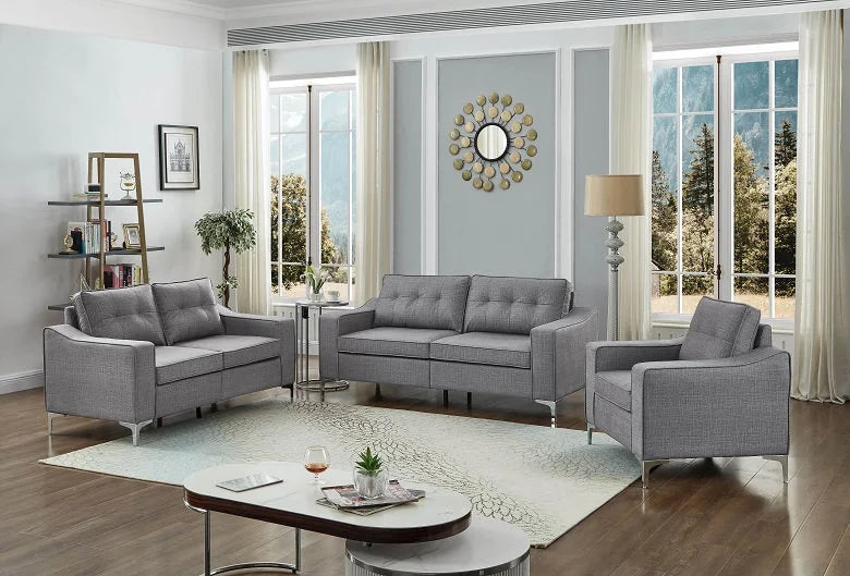 Gracious Grey Linen 3pc Sofa Set With Chrome Legs