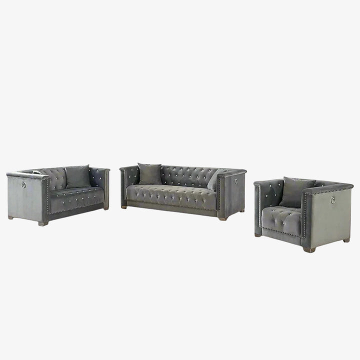 Nova 3-Piece Captivating Sofa Set With Velvet Upholstery - Grey