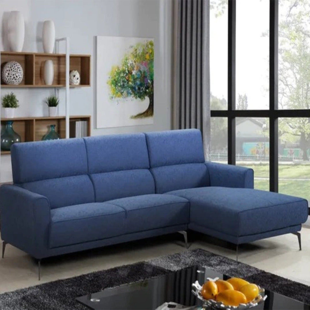 Blue Linen Sectional With Sleek Metal Legs & Right Hand Facing Chaise