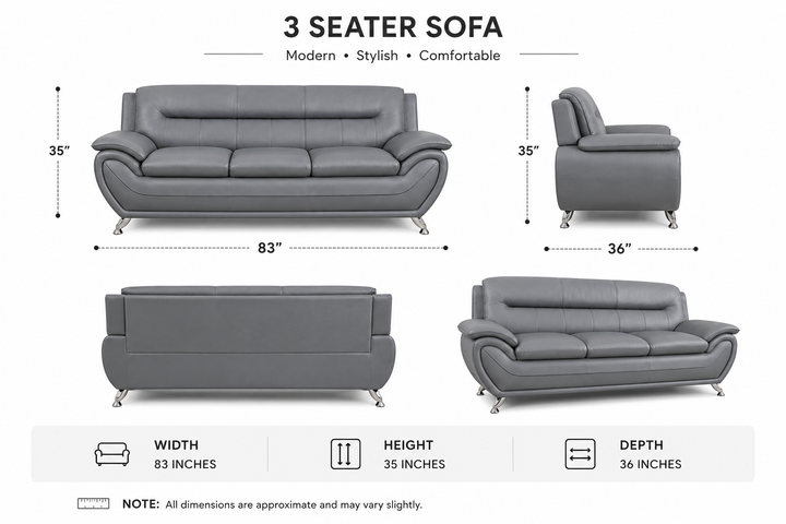 Gilan 3-Piece Sofa Set In Faux Leather Upholstery - Grey