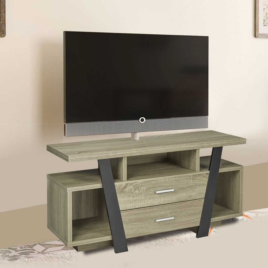 Contemporary Dark Taupe and Black TV Stand with Storage Drawers and Open Shelves