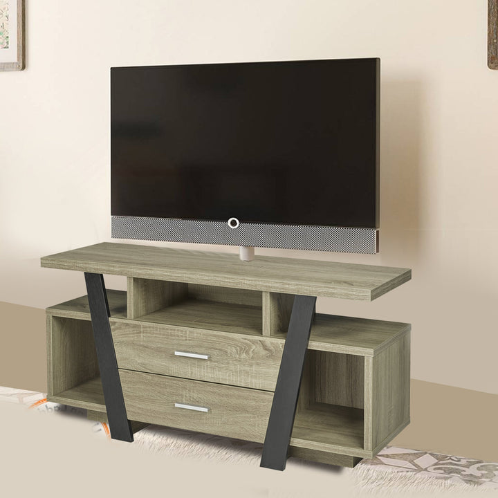 Contemporary Dark Taupe and Black TV Stand with Storage Drawers and Open Shelves