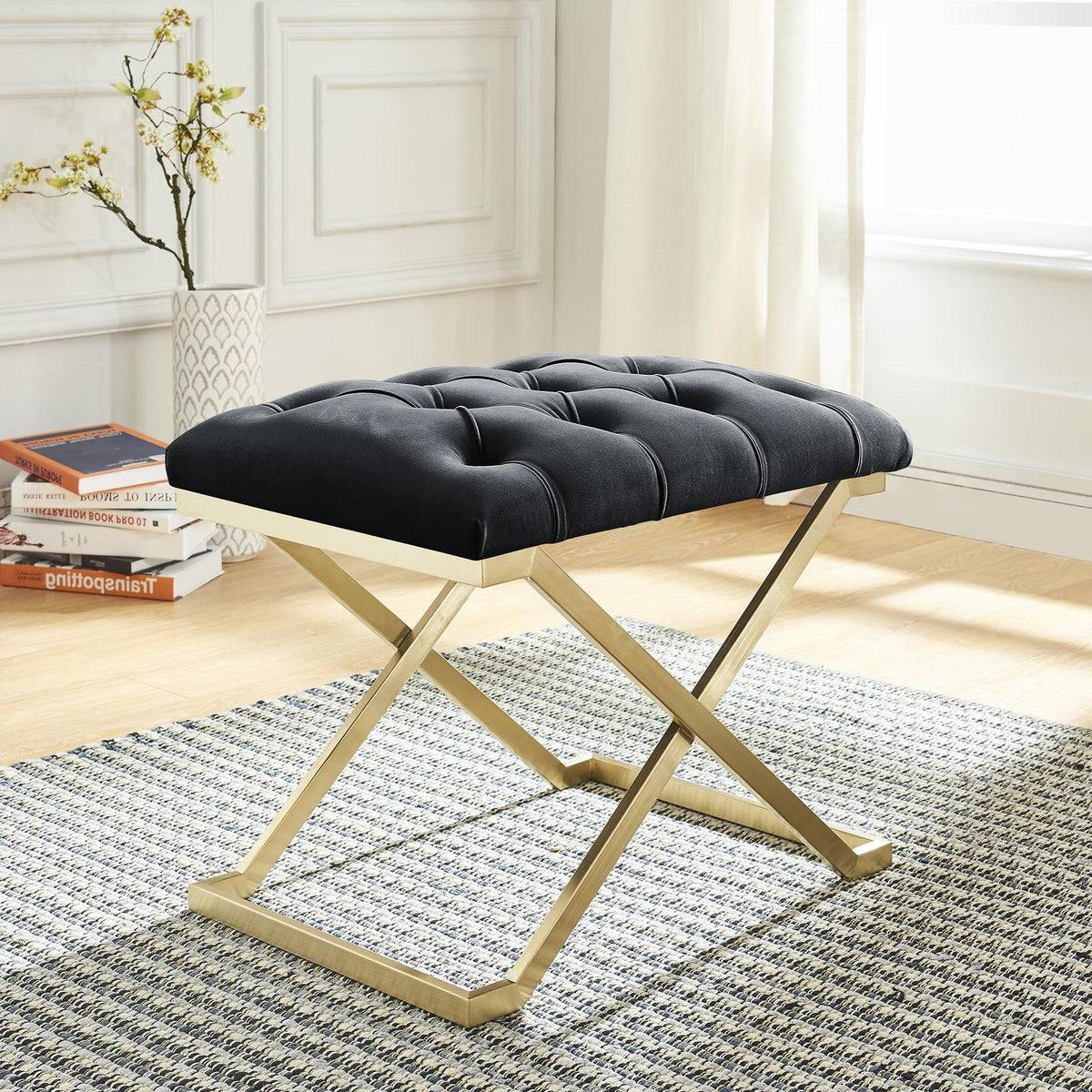 Laurel Metallic Accent Bench in Fabric Upholstery - Black/ Gold - Black; Gold-6 - Close-Up Detail