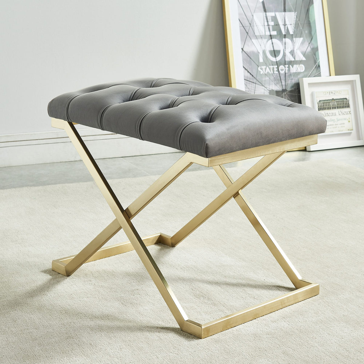 Laurel Metallic Accent Bench in Fabric Upholstery - Grey/ Gold - Grey; Gold-6 - Close-Up Detail