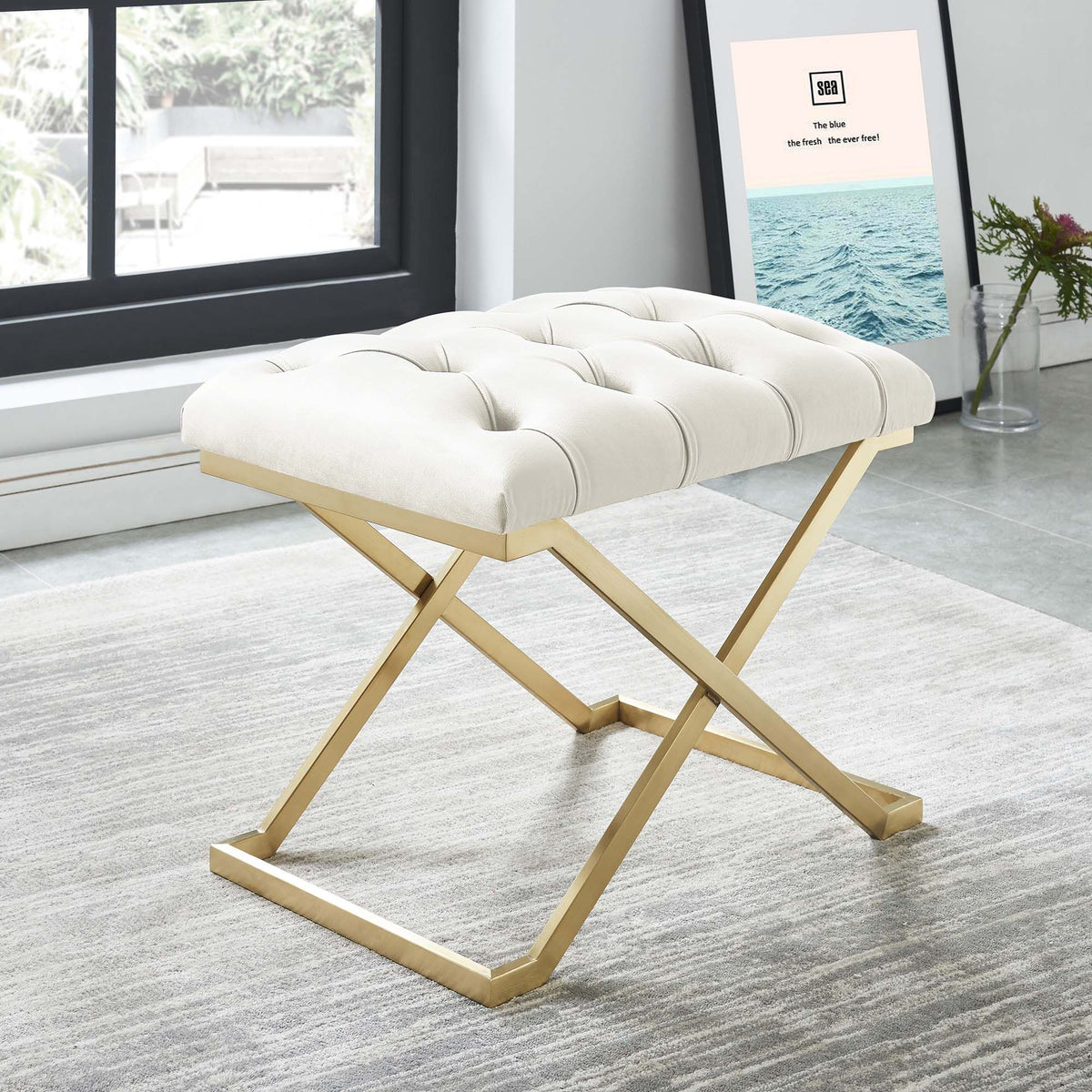 Laurel Metallic Accent Bench in Fabric Upholstery - Ivory/ Gold - Ivory; Gold-6 - Close-Up Detail