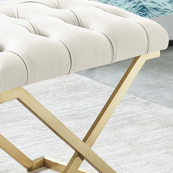Laurel Metallic Accent Bench in Fabric Upholstery - Ivory/ Gold