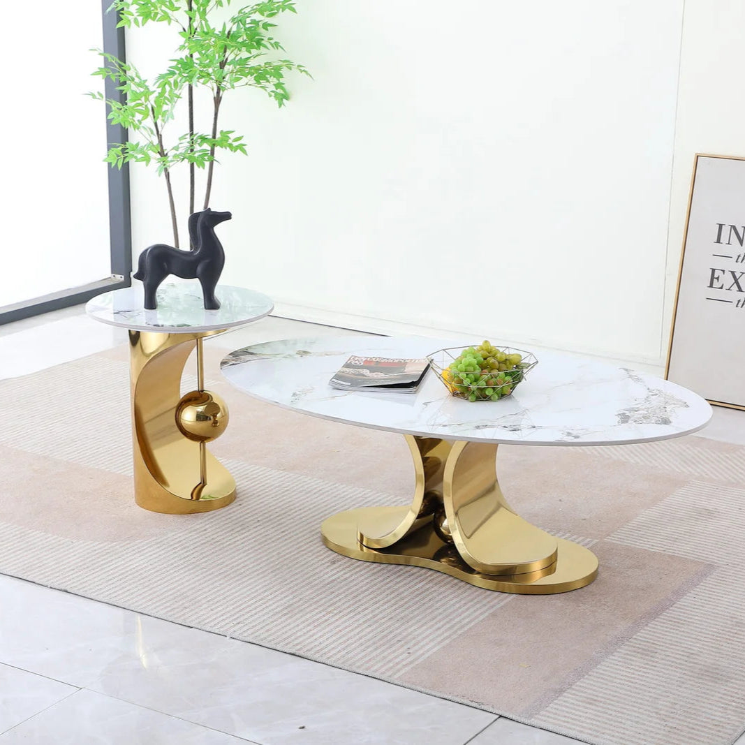 Maria Metallic Coffee Table Set In Polished Gold/ White Finish