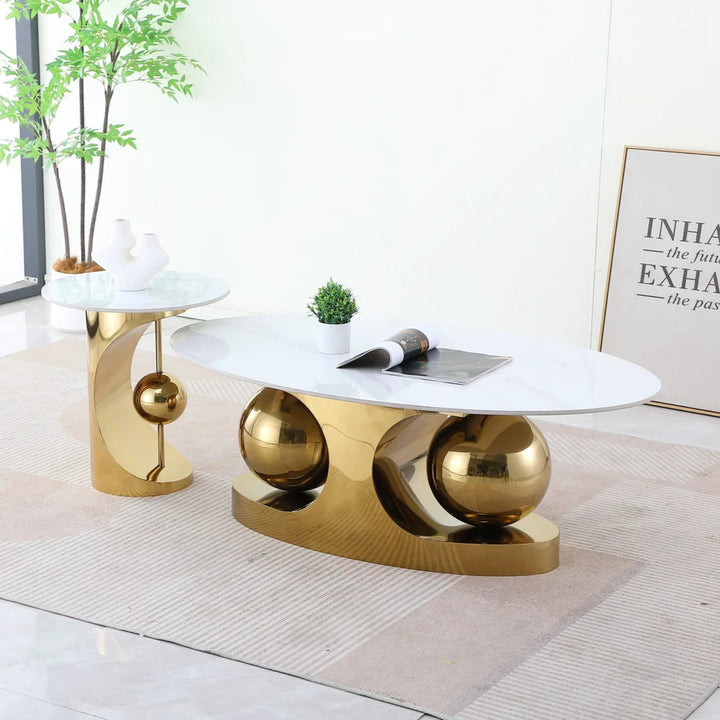 Ophelia Metallic Coffee Table Set In Polished Gold/ White Finish