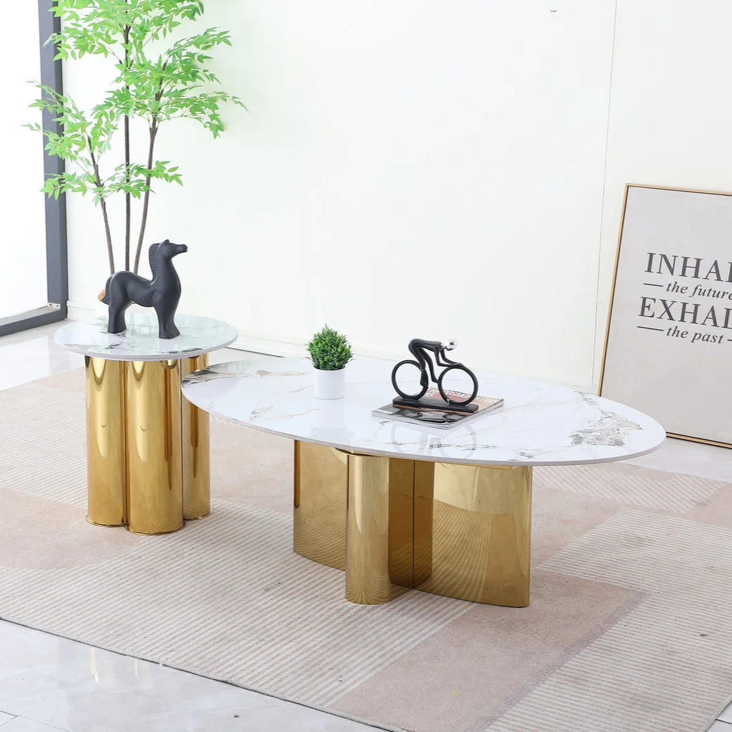 Luna Metallic Coffee Table Set In Polished Gold/ White Finish