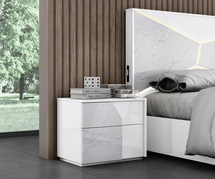 Quartz Wooden Nightstand With Wireless Charger - White/ Carrara | Stylish, Compact & Durable