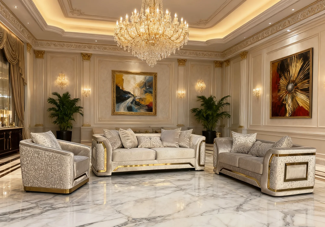 Zimba 3-Piece Stationary Sofa Set In Fabric Upholstery - Cream/ Gold
