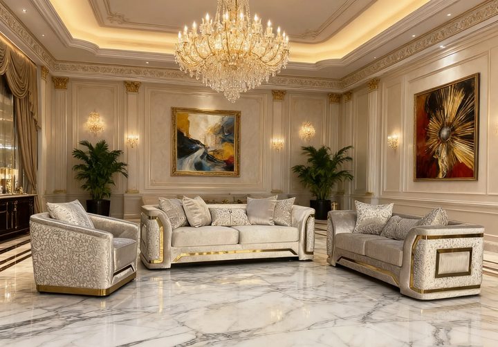 Zimba 3-Piece Stationary Sofa Set In Fabric Upholstery - Cream/ Gold