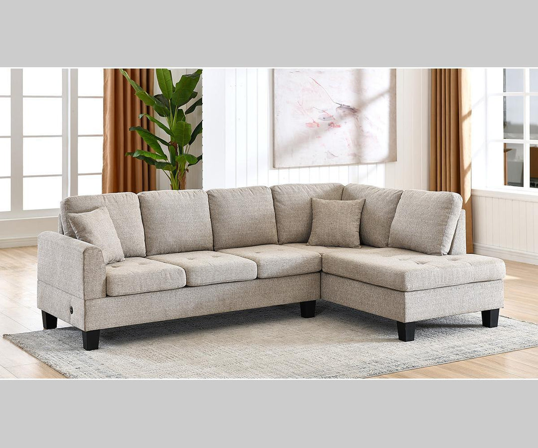 Welson Almond Sectional Sofa In Fabric Upholstery With Built-In USB Charging Ports