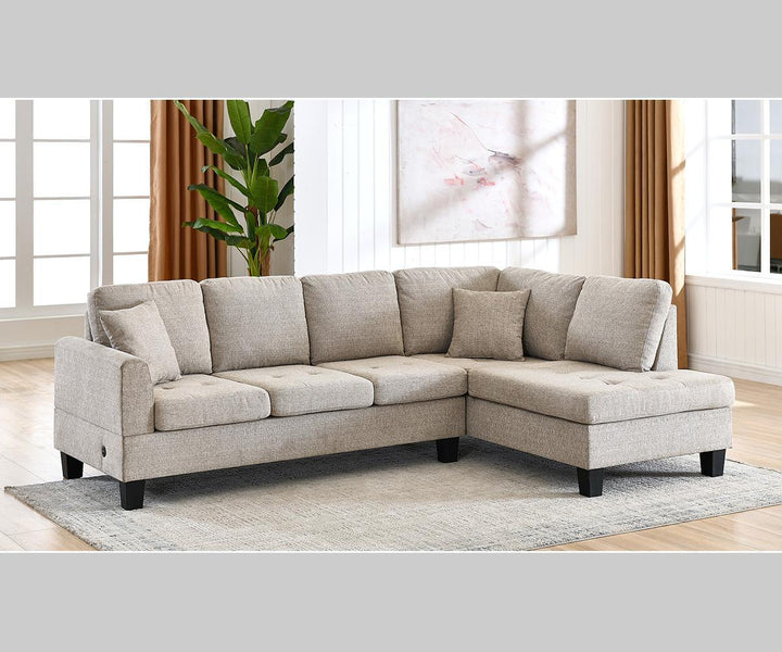 Welson Almond Sectional Sofa In Fabric Upholstery With Built-In USB Charging Ports